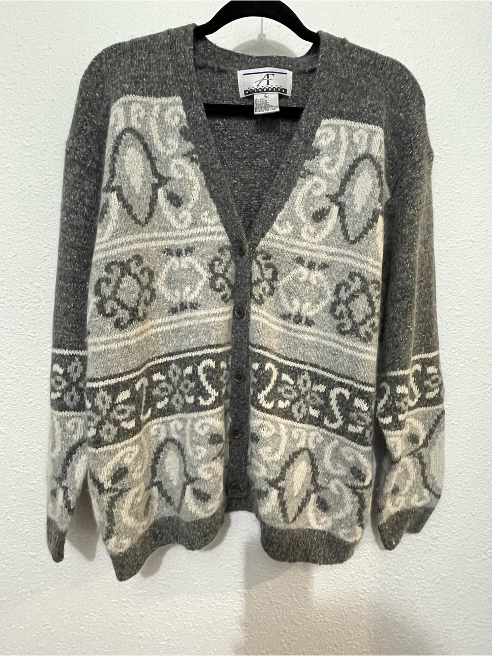 Vintage Accordeon Cardigan Womens Knit Gray Button Up Silk/Wool Sweater Large
